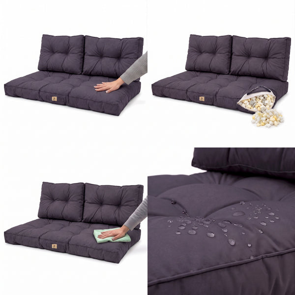 Ensemble Coussins Capitonné Banquette 120x60 Gris Carbone, garnissage en flocons de mousse
