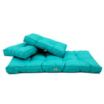 Ensemble de coussins capitonnés bleu Caraïbes pour banquette 120x60cm, épais 15cm, pour fauteuils et canapés.