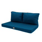 Ensemble de coussins pour salon jardin 100x50 cm en bleu pétrole, déhoussables et anti-UV, pour fauteuils et canapés.