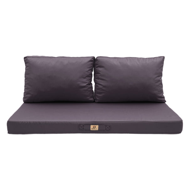 Ensemble de coussins pour salon de jardin gris carbone, déhoussables et anti-UV, comprenant 1 assise et 2 dossiers.