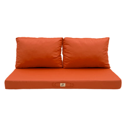 Ensemble de 3 coussins orange pour salon jardin, déhoussables et anti-UV, pour fauteuils et canapés, modèle Deco-arts.fr.