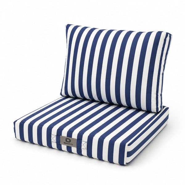 Ensemble Coussins Salon Jardin 60x60 Rayure Bleu Marine - Premium 270g (Assise + Dossier)