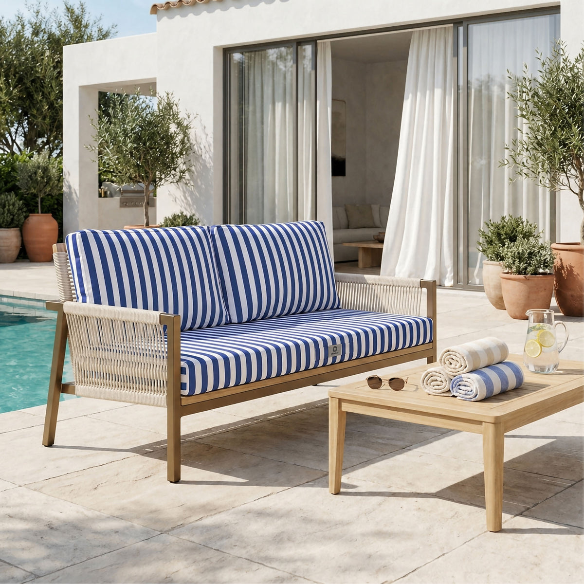 Gartenlounge-Kissen-Set 100x50 Marineblaue Streifen – Premium 270g (1 Sitzfläche + 2 Rückenlehnen)