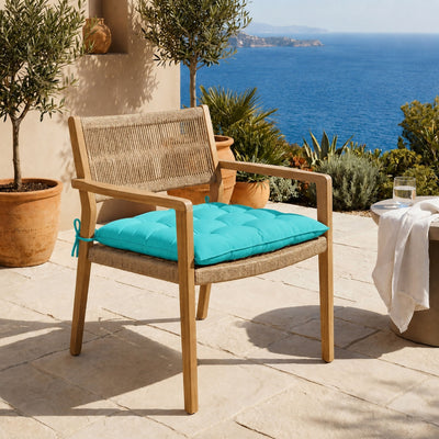 Lot de 4 Galettes de Chaise 40x40 Bleu Caraïbes - Intérieur & Extérieur (Déperlant avec Attaches)