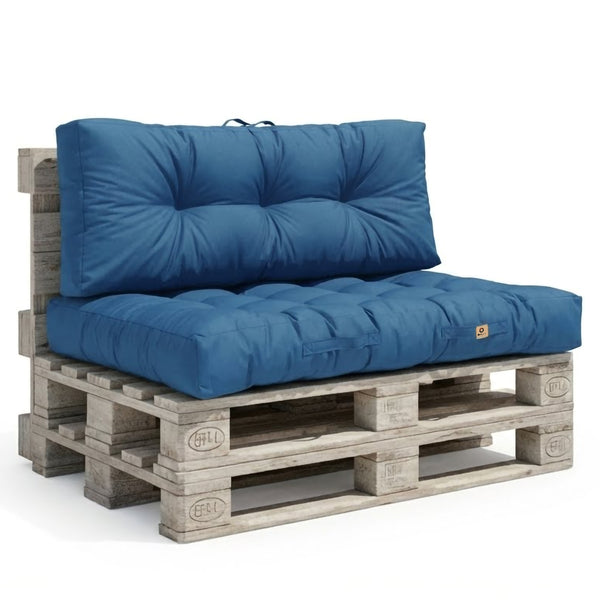Ensemble de coussins palette 120x80 cm bleu pétrole pour fauteuils et canapés, imperméables et épais, 15 cm de hauteur.