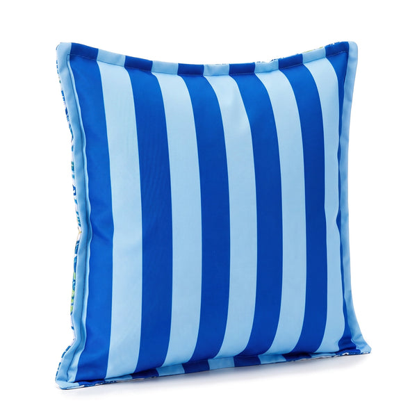 Sierkussen 45x45 motief Blauw Bladmotief, achterkant koningsblauw en hemelsblauw gestreept