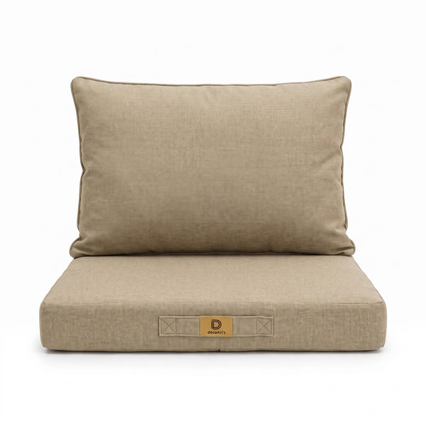 Fauteuilkussenset met linnenlook in Beige, 50×50 cm, op een witte achtergrond, vooraanzicht