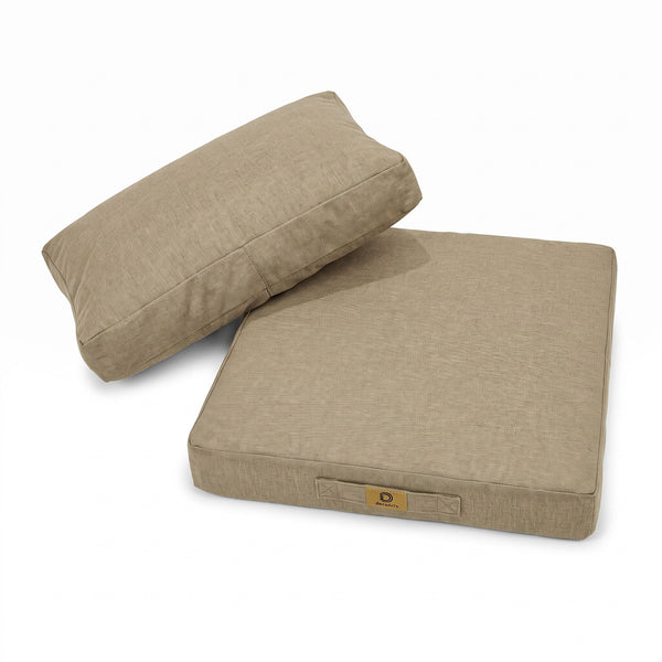 Zitkussen en rugkussen met linnenlook in Beige, plat neergelegd