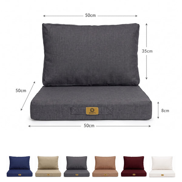 Afmetingen van de fauteuilkussenset met linnenlook in Gemêleerd Grijs: zitting 50×50 cm, rugleuning 50×35 cm, 8 cm dik, en de 6 kleuren