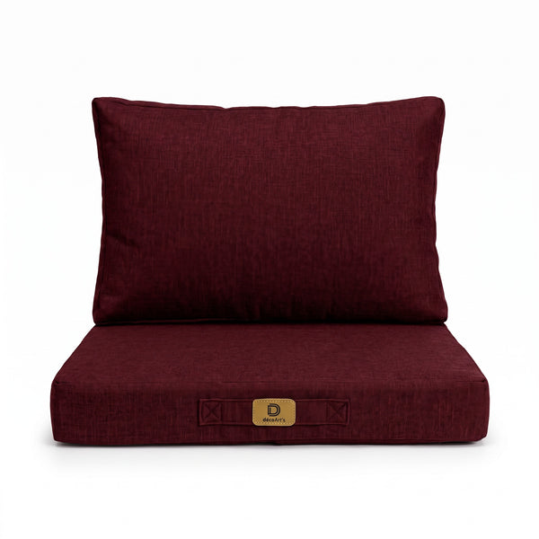 Fauteuilkussenset met linnenlook in Pruim, 50×50 cm, op een witte achtergrond, vooraanzicht