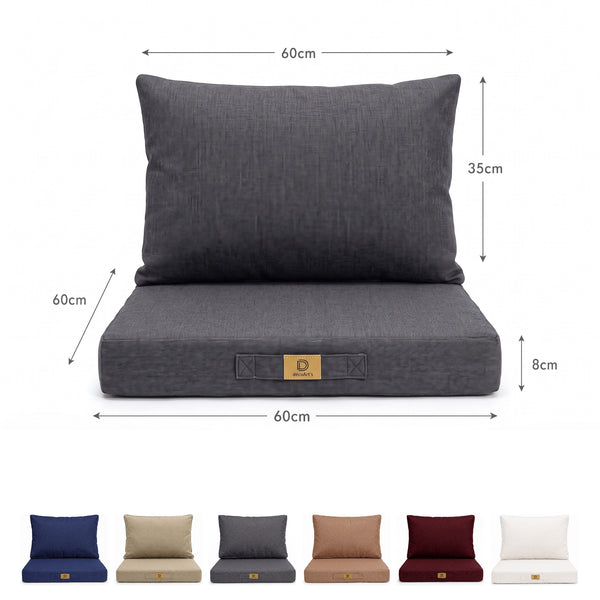 Afmetingen van de fauteuilkussenset met linnenlook in Gemêleerd Grijs: zitting 60×60 cm, rugleuning 60×35 cm, 8 cm dik, en de 6 kleuren