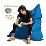 Pouf géant XXL 180x140 cm en bleu pétrole pour extérieur, déhoussable et waterproof, mousse confortable, conçu par Deco-arts.fr