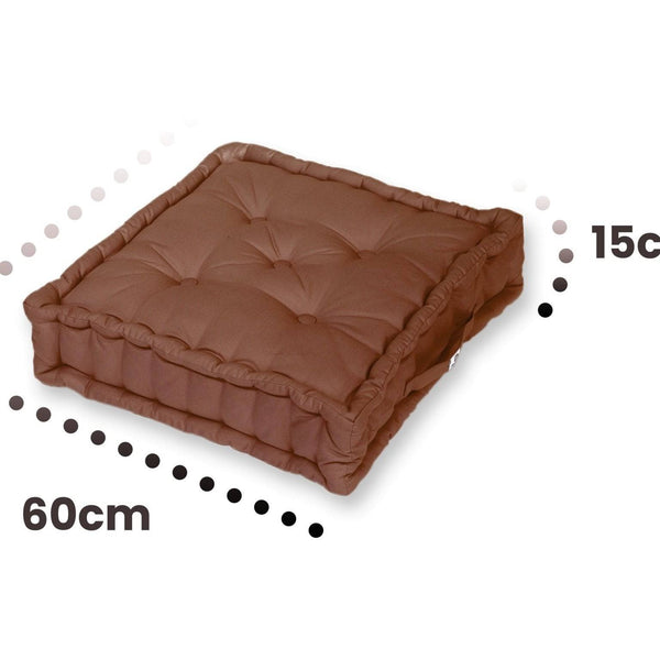 Set of 2 large rust-colored 60x60 cm decorative floor cushions with thick 15cm padding and handles by Deco Arts.