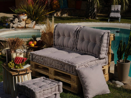 Conjunto de Almofadas para Palete Europeia 120x80 Cinzento Seixo - Assento XXL Espesso 20cm (1 Assento + 2 Encostos)