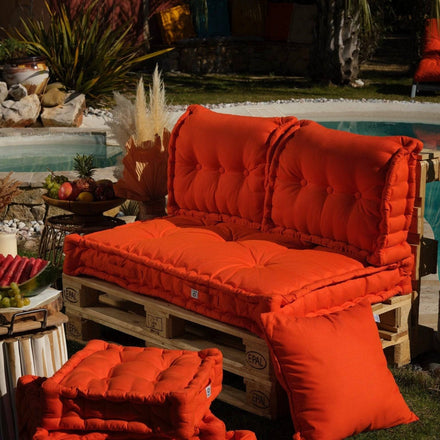 Conjunto de Almofadas para Palete Europeia 120x80 Laranja - Assento XXL Espesso 20cm (1 Assento + 2 Encostos)