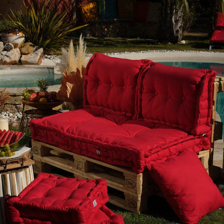 Kit Coussins Palette Europe 120x80 Rouge Piment - Assise XXL Épaisse 20cm (1 Assise + 2 Dossiers)