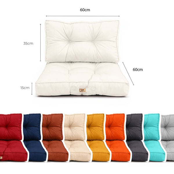 Maße: Sitz 60 x 60 cm, Rücken 60 x 35 cm, 15 cm dick, mit den verfügbaren Farben