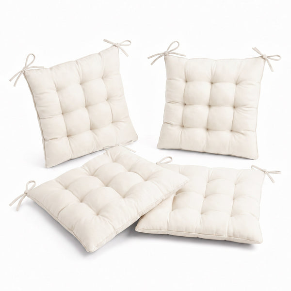Lot de 4 galettes de chaise 40x40 Blanc Cassé capitonnées avec liens d'attache