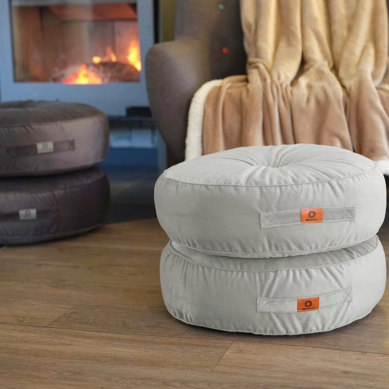 Set van 2 ronde XL fluwelen poefs Ø60 Lichtgrijs - (Hoog comfort en draaggreep)