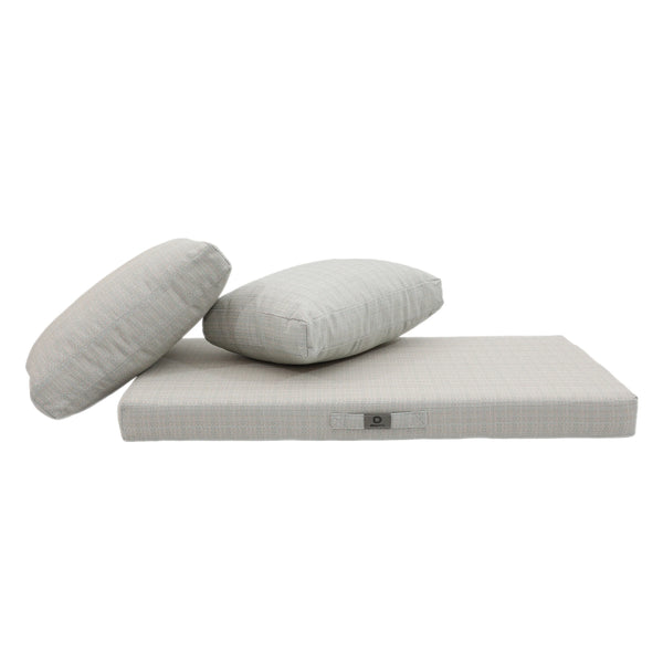 Détail tissu coussin beige chiné turquoise