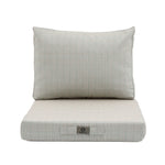 Finition et coutures coussin beige chiné turquoise