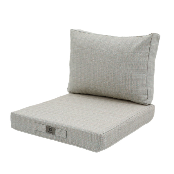 Coussin beige chiné turquoise 60x60 cm en situation extérieure