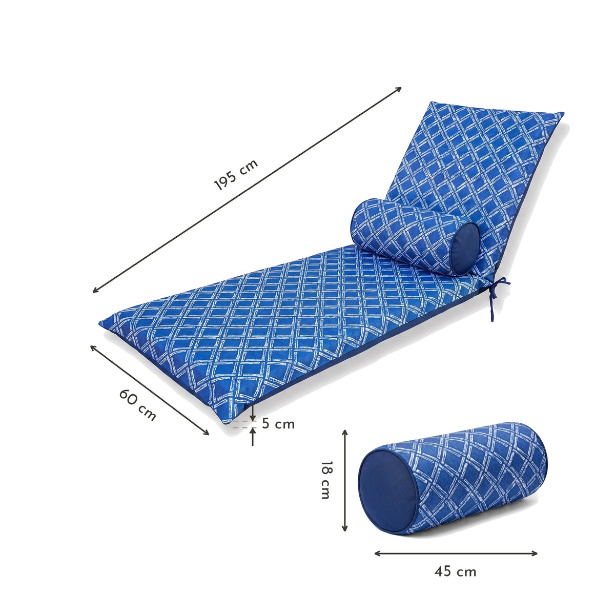 Colchão para Espreguiçadeira 195x60 Motif Nautique Azul + Rolo Cervical - Anti-UV & Hidrorrepelente – esquema com medidas