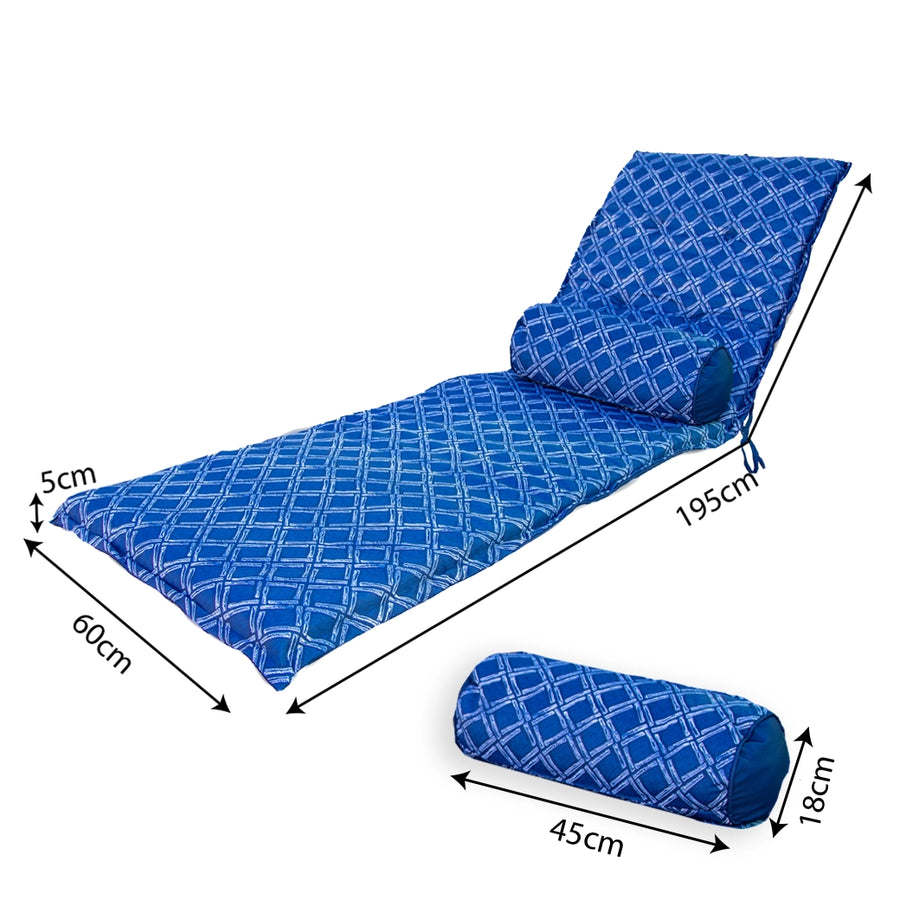 Matelas transat 195x60 motif Nautique Bleu – dimensions 195 x 60 x 5 cm, traversin 45 x 18 cm