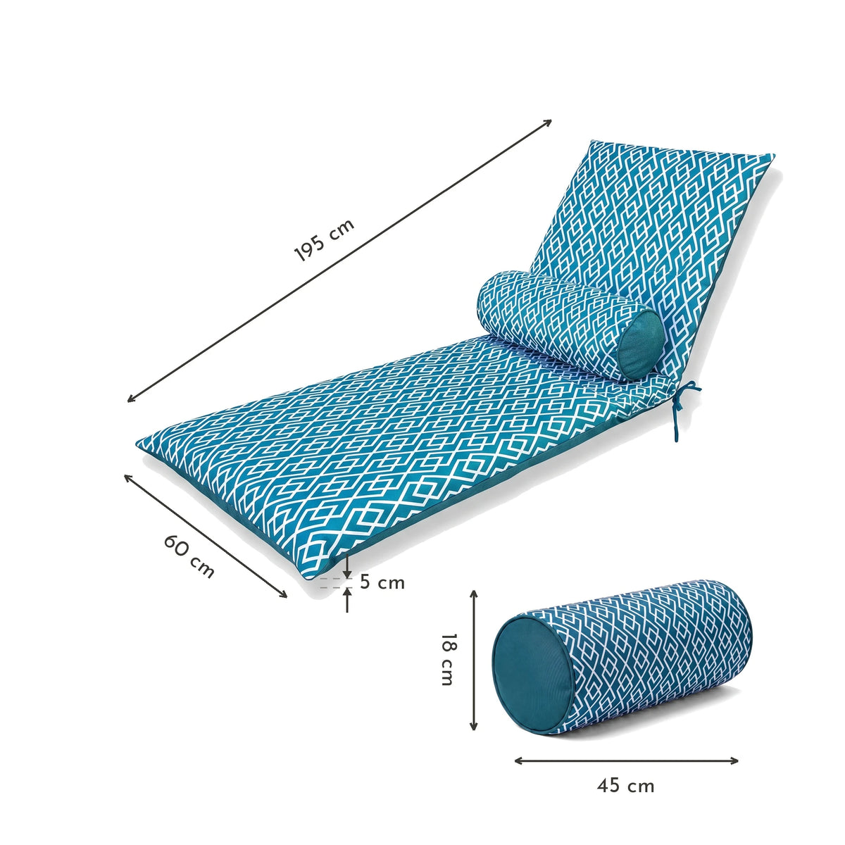Conjunto de 2 Almofadas para Chaise Longue 195x60 Motif Géométrique Verde Turquoise + 2 Rolos Cervicais - Anti-UV – esquema com medidas