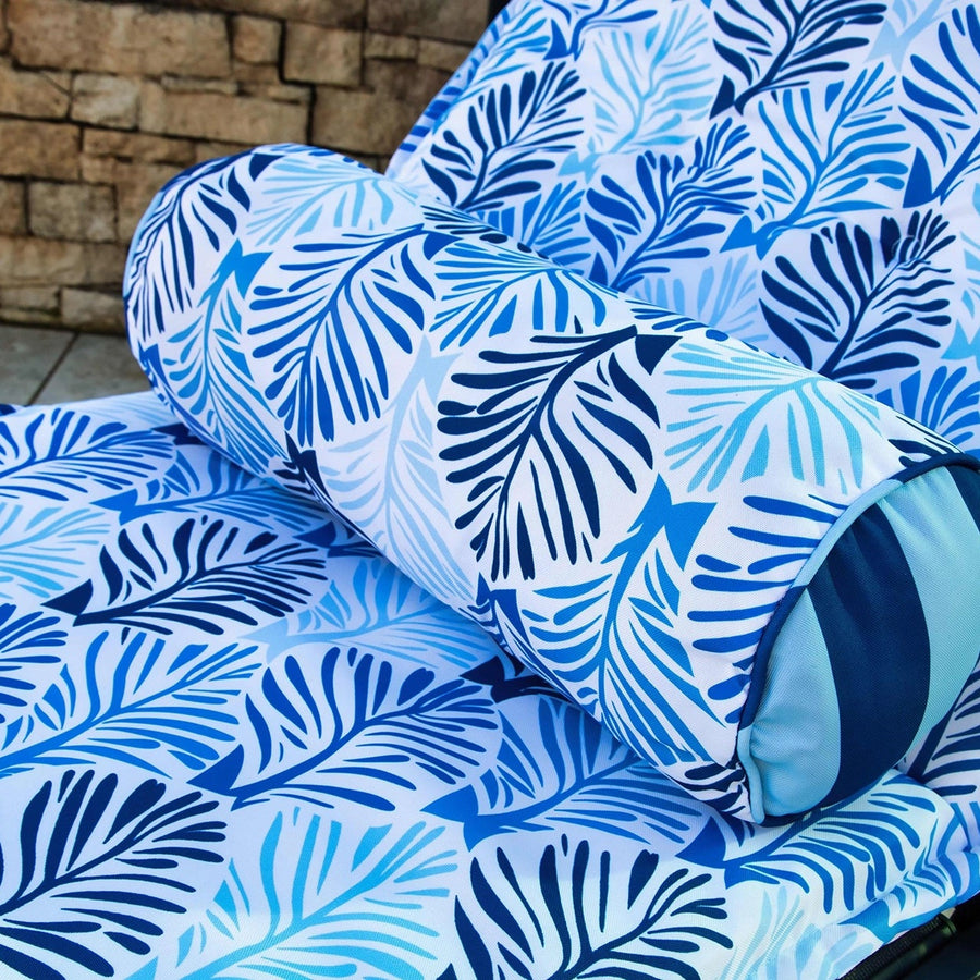 Conjunto de 2 Almofadas para Chaise Longue 195x60 Padrão Folhagem Azul + 2 Rolos Cervicais, para exterior e piscina