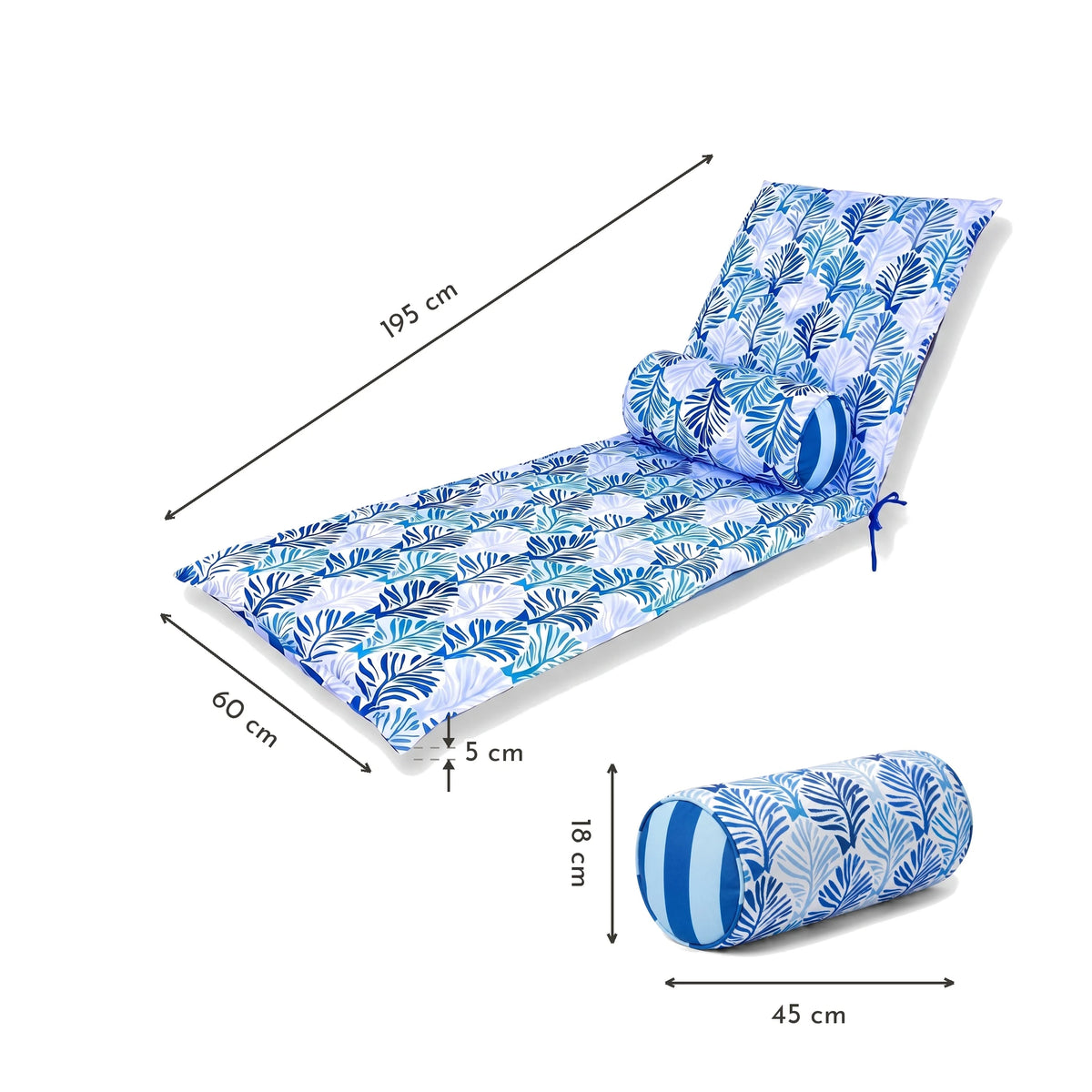 Colchão para Espreguiçadeira 195x60 Padrão Folhagem Azul + Rolo Cervical - Anti-UV & Hidrorrepelente – esquema com medidas