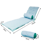 Matelas transat 195x60 cm avec motif éventails verts, traversin, anti-UV et déperlant pour bain de soleil.