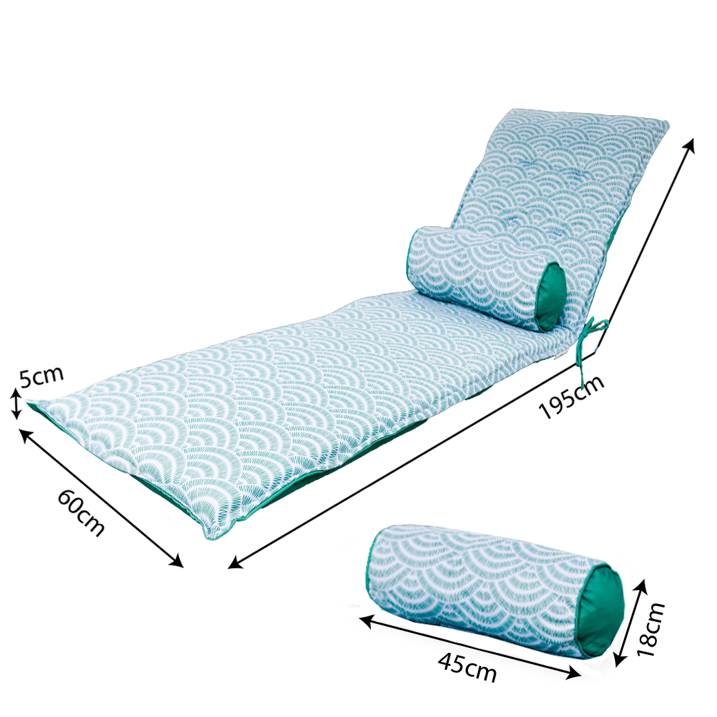 Ensemble Coussin pour Chaise Longue et Traversin 195x60x5cm & 45x18cm Motif Éventails Verts - Deco-arts.fr