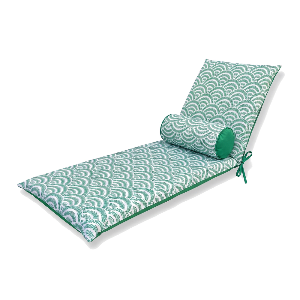 195x60 sun lounger mattress, Green Fans Pattern, with its bolster, on a white background