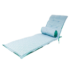 Matelas transat 195x60 cm avec motif éventails verts, traversin, anti-UV et déperlant, parfait pour bains de soleil.