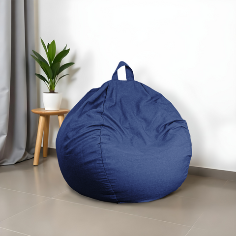 Pouf poire XL d'intérieur en tissu effet lin - 110x120 cm - Bleu indigo 