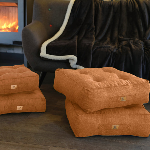 Lot de 2 coussins de sol effet lin 50x50 cm, poufs d'intérieur marron clair, épais 18 cm, design haut de gamme.