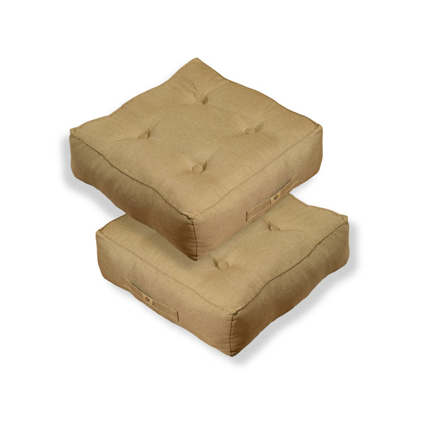 Deux coussins de sol effet lin beige 50x50 cm, épais 18 cm, pour intérieur, de haute qualité, déco moderne.