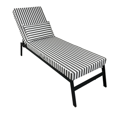 Matelas transat bain de soleil gris foncé rayé, épais 10cm avec têtière déhoussable, confort pour chaise longue.