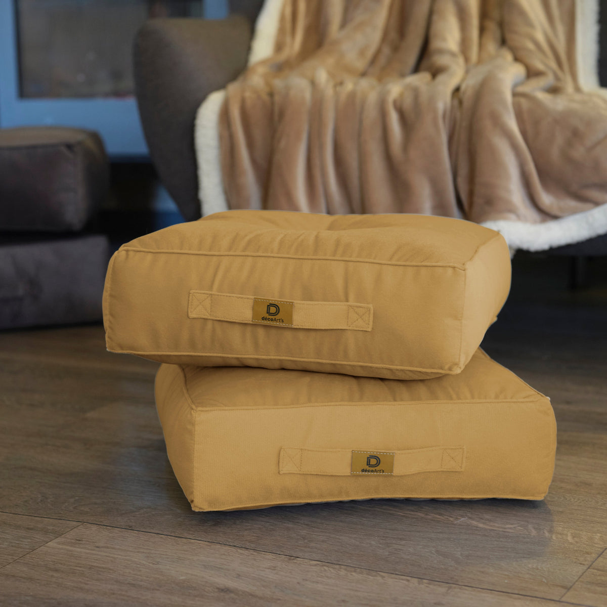 Set van 2 fluwelen poefs 40x40 Beige – Dik 14cm (Indoor vloerkussen)