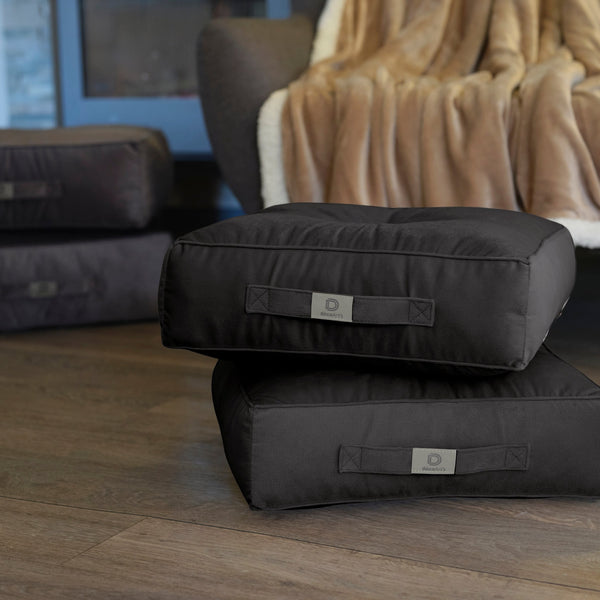 Lot de 2 poufs en velours gris foncé de 40x40 cm, épais 14 cm, pour intérieur, coussins de sol élégants.