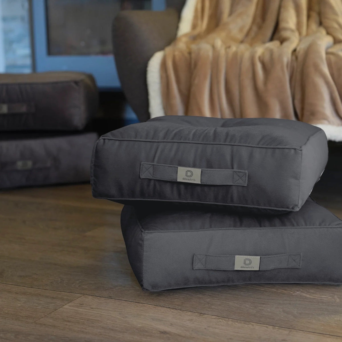 Lot de 2 Poufs Velours XL 54x54 Gris Foncé – Épais 18cm (Grand Confort)