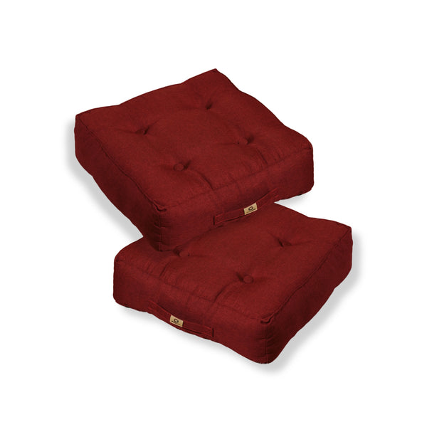 Deux poufs de sol en effet lin rouge, épais 18cm, pour intérieur, dimensions 50x50 cm, haut de gamme par Deco-arts.fr