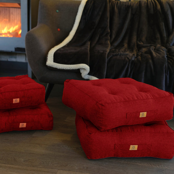 Deux coussins de sol en effet lin rouge, 50x50 cm, épaissis à 18 cm, pour pouf intérieur de haute qualité.