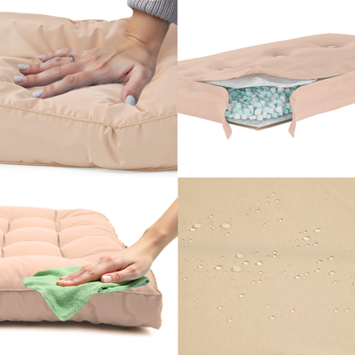 Ensemble de coussins capitonnés beige pour banquette 120x60 cm, épais 15 cm, avec une assise et deux dossiers, pour fauteuils et canapés.