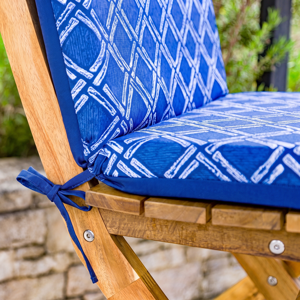 High-back chair cushion, Blue Nautical Pattern – tie knotted to the chair upright