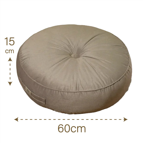 Deux poufs ronds en velours gris clair, design doux, avec poignée, pour intérieur, Ø50 cm, par Deco-arts.fr