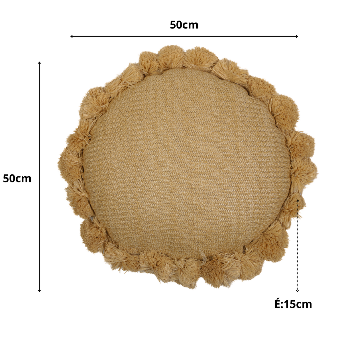 Almofada Sol Efeito Ráfia 50x15 cm - Déco Bohème (Preenchido e Resistente) – esquema com medidas