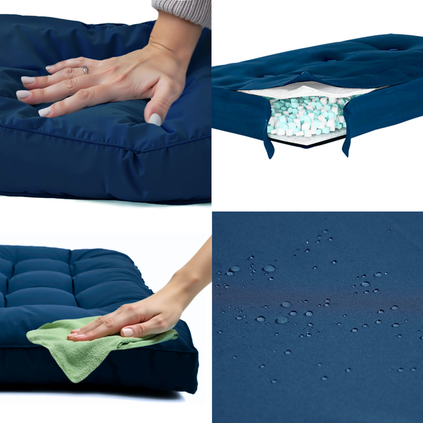 Ensemble de coussins capitonnés bleu pétrole pour fauteuils et canapés, épais 15cm, moelleux, pour assise et dossier.