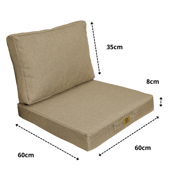 Ensemble de coussins beige 60x60 cm en effet lin, déhoussables pour fauteuils et canapés, avec coussin d'assise et dossier.